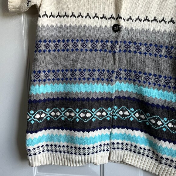 Charter Club Short Sleeve Nordic Print Button Front Sweater Cream Blue Petite M - Picture 3 of 6